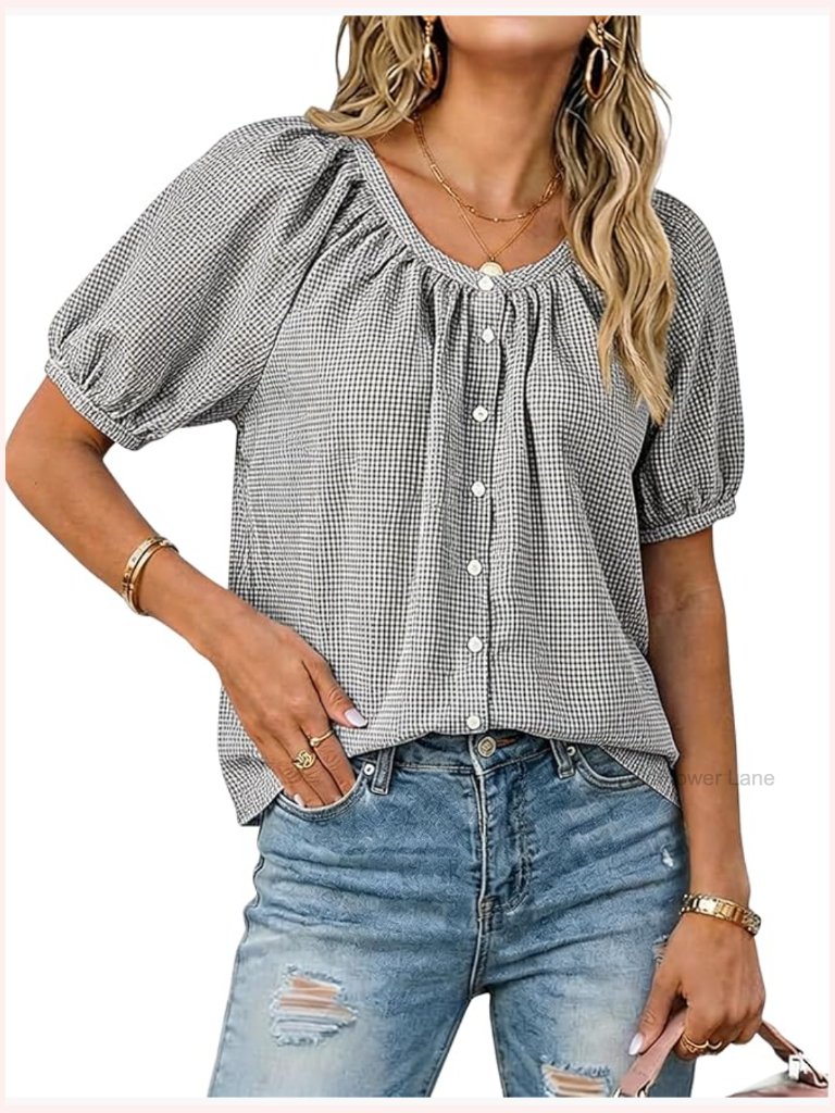 Womens Plaid Button Down Shirt Short Puff Sleeve Gingham Blouse Top